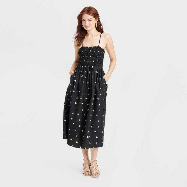 Womens Easy Summer Smocked Midi Sundress - A New Day Lemon Print L Product Image