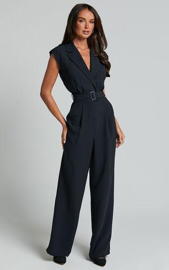 Chante Jumpsuit - V Neck Belted Wide Leg Jumpsuit in Black Product Image