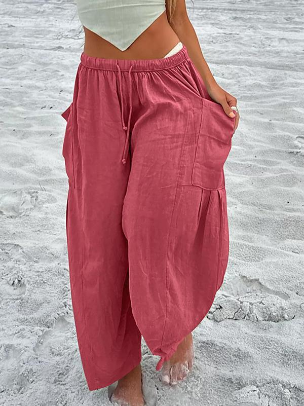 High Waisted Loose Drawstring Elasticity Pleated Pockets Solid Color Ninth Pants Trousers Product Image