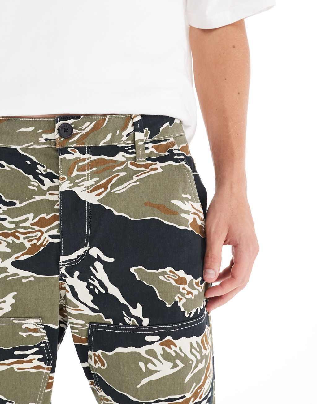 ONLY & SONS relaxed fit worker pants with tiger camo print in black Product Image