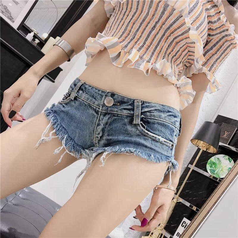 Low Rise Washed Frayed Denim Hot Pants Product Image