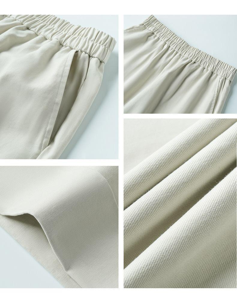 Elastic Waist Plain Roll Up Hem Cropped Wide Leg Pants Product Image