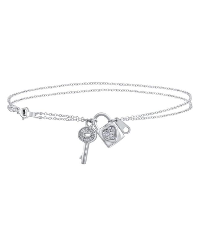 Cz Accent Heart Dangle Charm Lock & Key Anklet Double Chain Ankle Bracelet For Women .925 Sterling Silver Adjustable 9 To 10 Inch With Extender - Clea Product Image