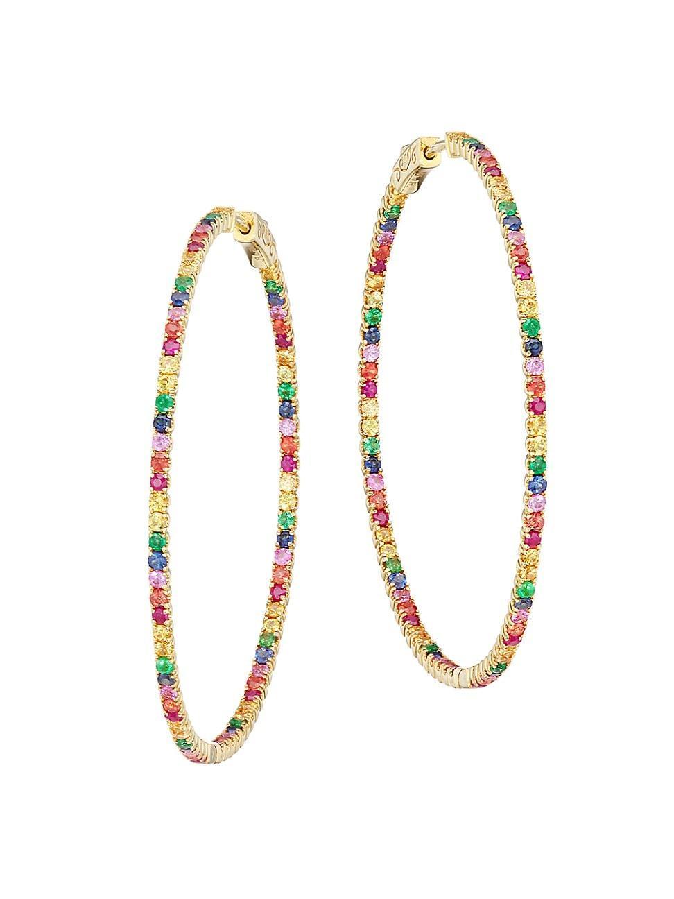 Womens 14K Yellow Gold & Sapphire Large Inside-Out Hoop Earrings Product Image