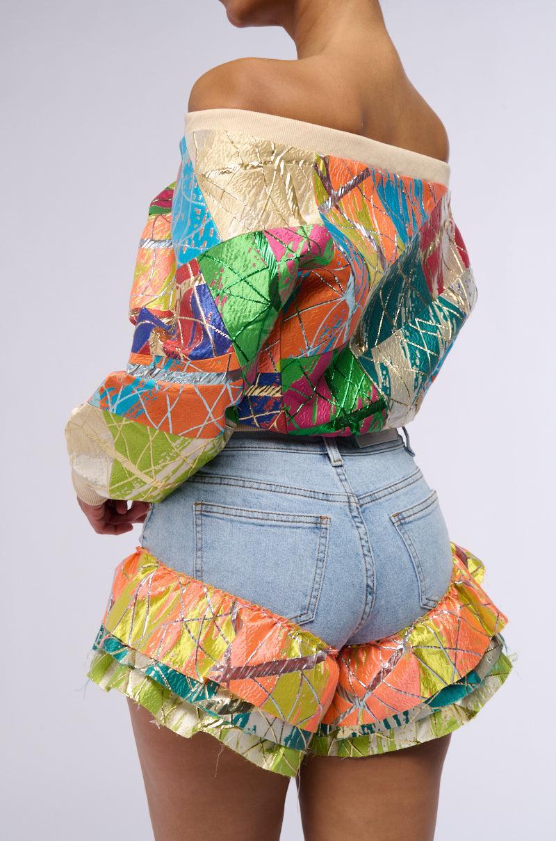 LIFE IS BUT A DREAM BROCADE RUFFLE DENIM SHORTS Product Image