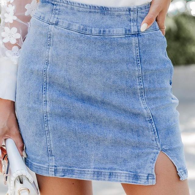 My Time To Shine Medium Wash Side Slit Denim Skirt Product Image