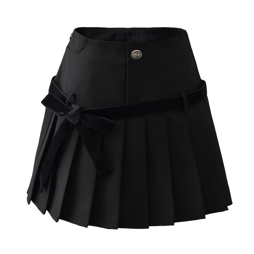 High Rise Bow Pleated Mini A-Line Skirt Product Image