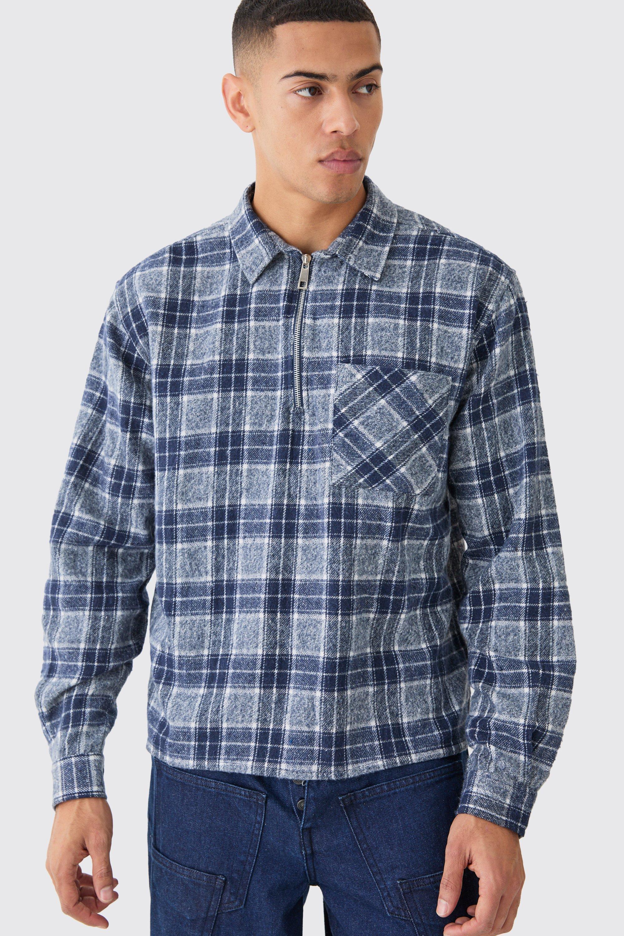 Quarter Zip Brushed Boxy Check Shirt | boohooMAN USA Product Image