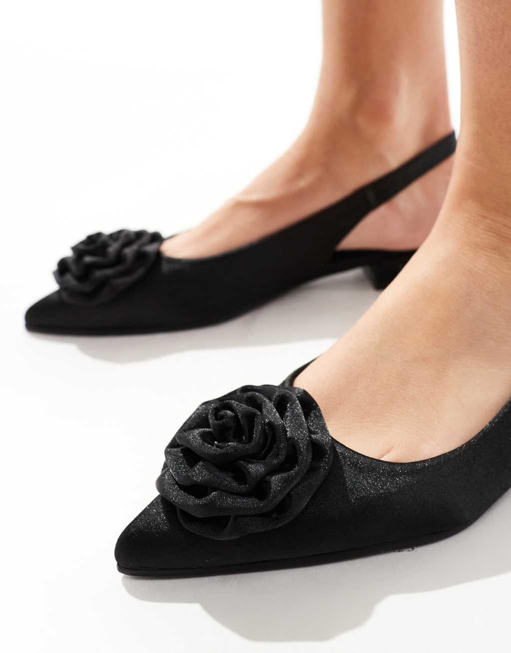 Glamorous slingback rosette pointed toe flats in black Product Image