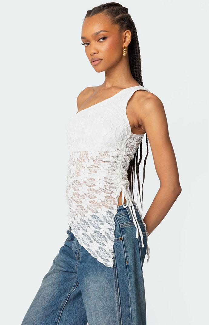 Edikted Women's Lacey Sheer Asymmetric Drawstring Top Product Image