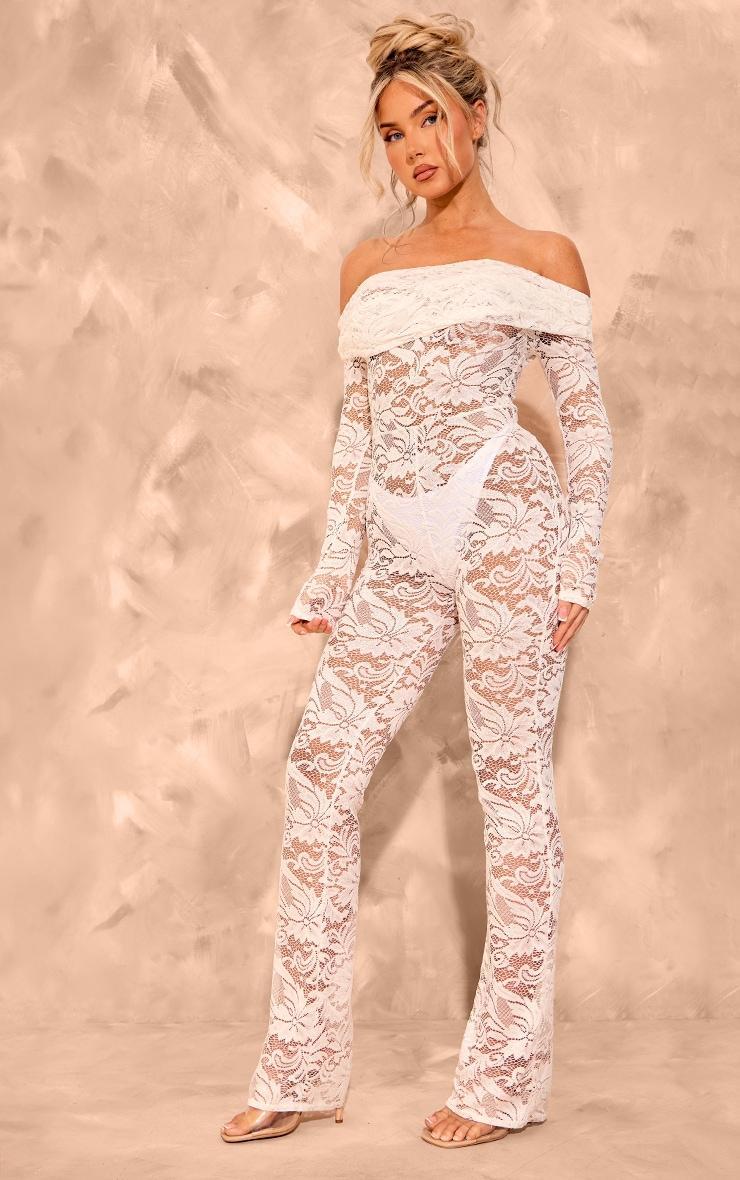 White Lace Foldover Bardot Long Sleeve Jumpsuit Product Image