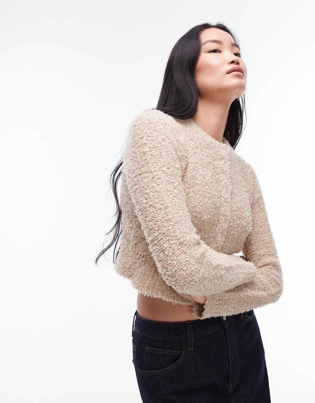 Topshop knit textured crew micro cardigan in ivory product image