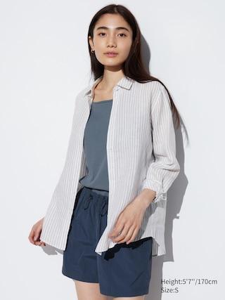 Womens Premium Linen Striped Long-Sleeve Shirt Light Gray XL UNIQLO US Product Image