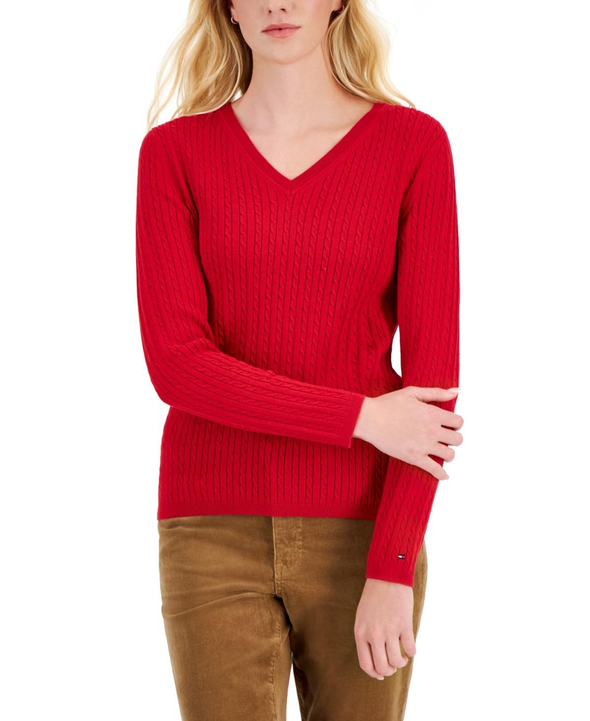 Tommy Hilfiger Womens Cotton Cable Ivy V-Neck Sweater Product Image