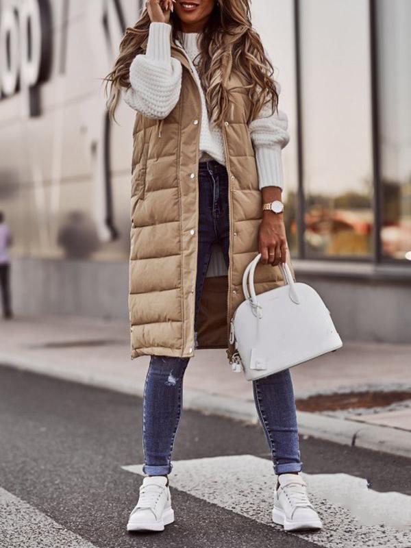 Hooded Sleeveless Buttoned Drawstring Keep Warm Solid Color Split-Joint Zipper Padded Coat Vest Outerwear product image