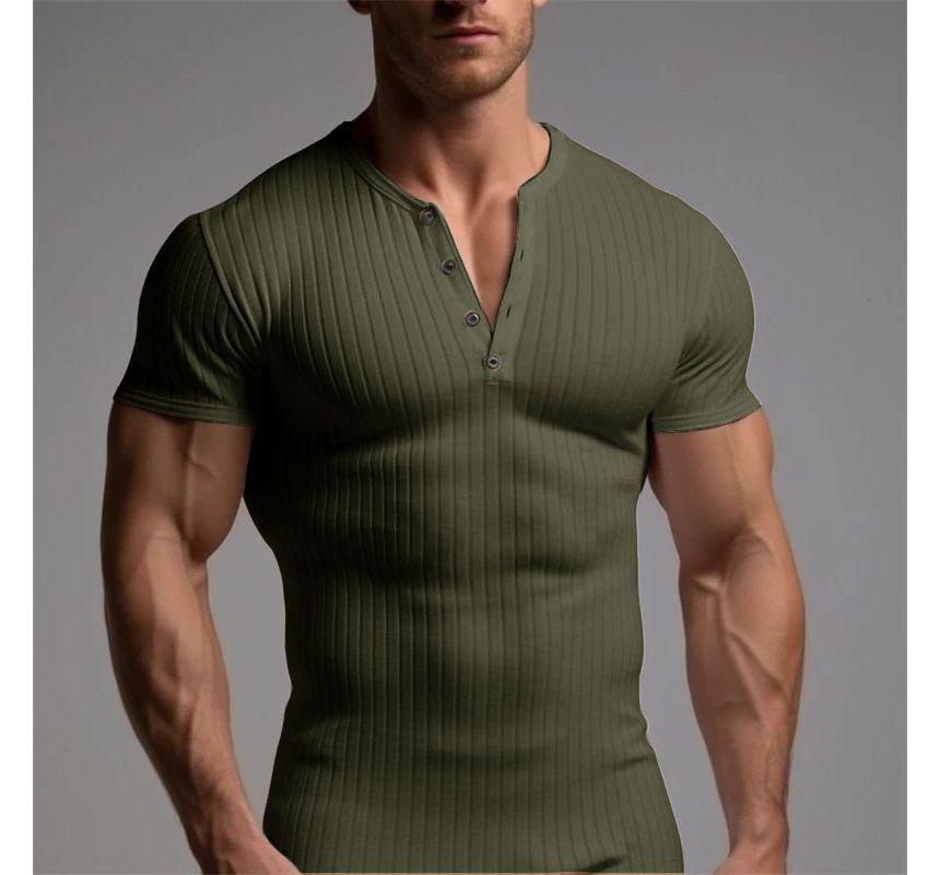 Short-Sleeve Plain Ribbed Henley T-Shirt Product Image