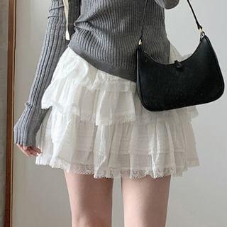 High Rise Plain Lace Trim Tiered Mini A-Line Skirt Product Image