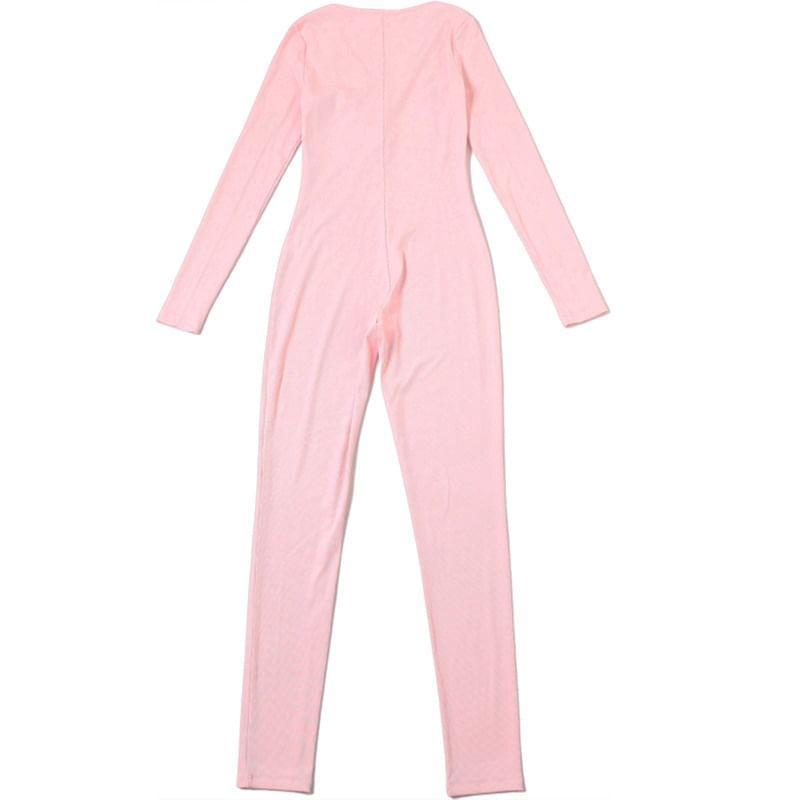 Long-Sleeve Plain Henley Jumpsuit Product Image