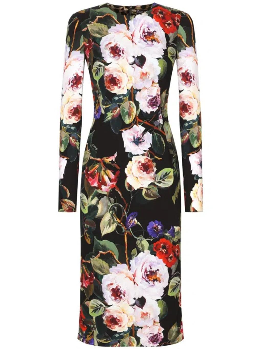 Black Multi Color Printed Silk Midi Dress Product Image