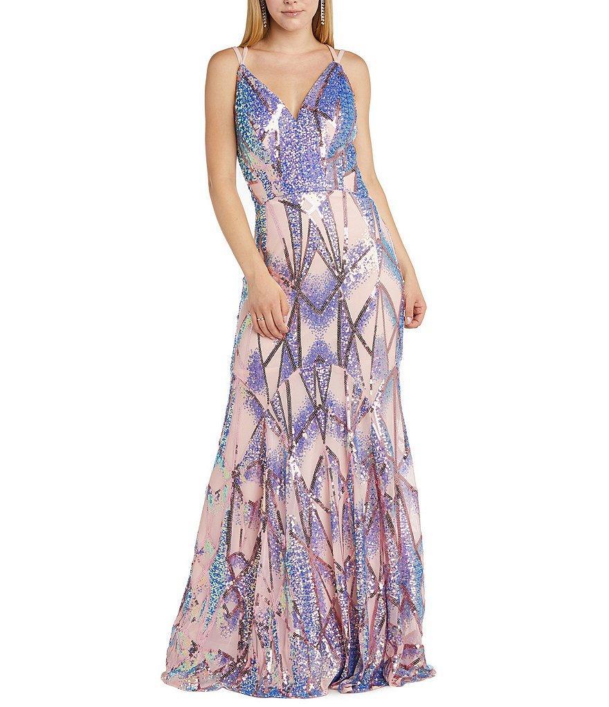 Morgan & Co. Sequin Pattern Soft Draped Cowl Spaghetti Strap Long Dress Product Image