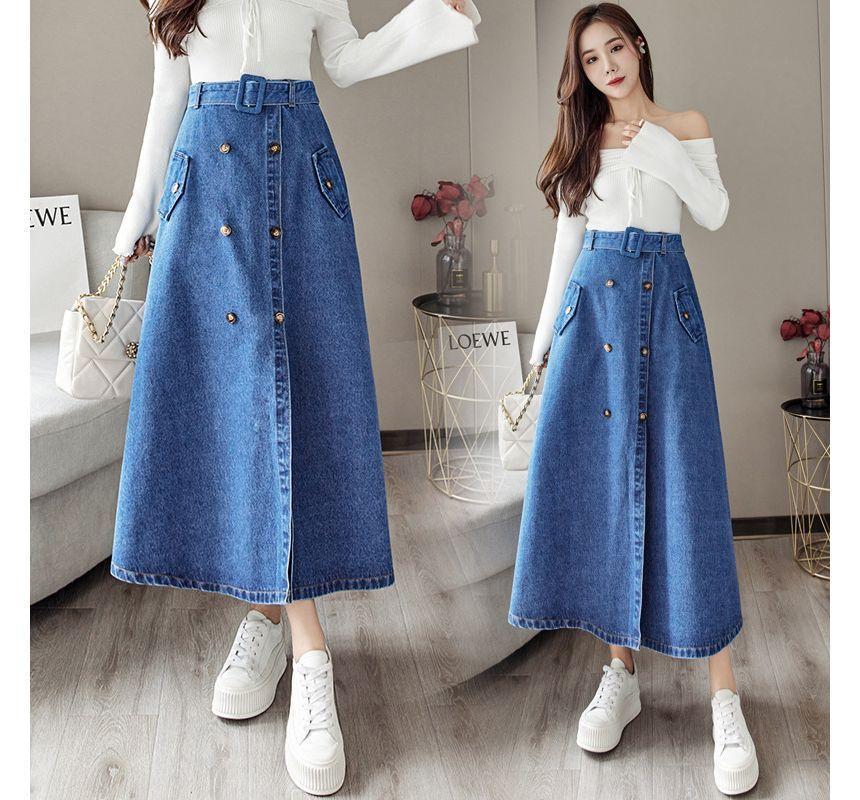 High Rise Plain Denim Midi A-Line Skirt Product Image