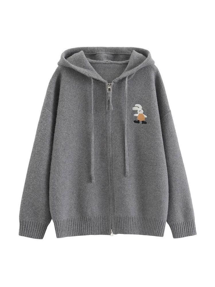 Hooded Rabbit Embroidered Zip Up Knit Cardigan Product Image