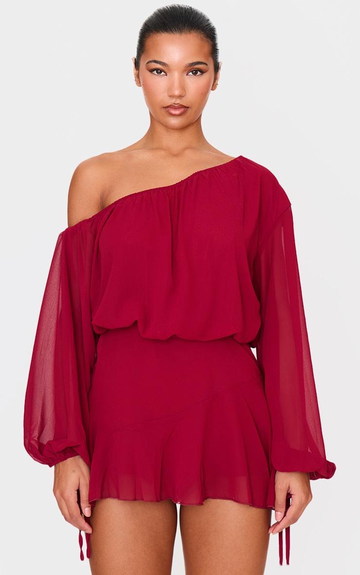 Burgundy Chiffon One Shoulder Floaty Skort Romper Product Image