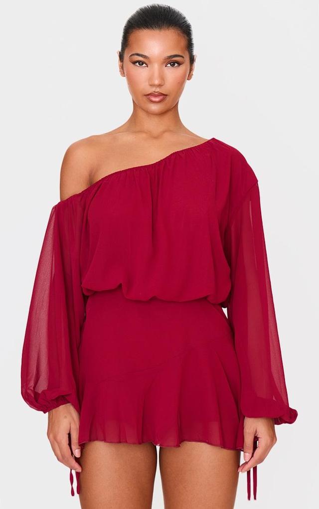 Burgundy Chiffon One Shoulder Floaty Skort Romper Product Image