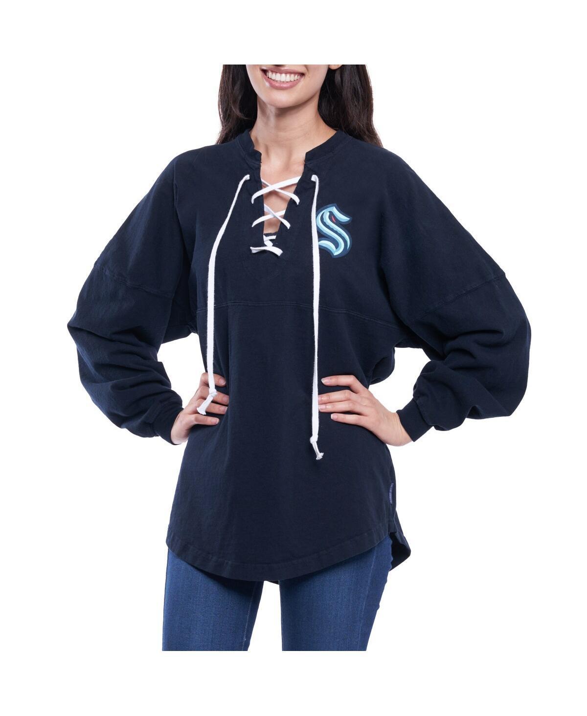 Womens Fanatics Branded Navy Seattle Kraken Lace Up Long Sleeve Spirit Top Krk Blue Product Image