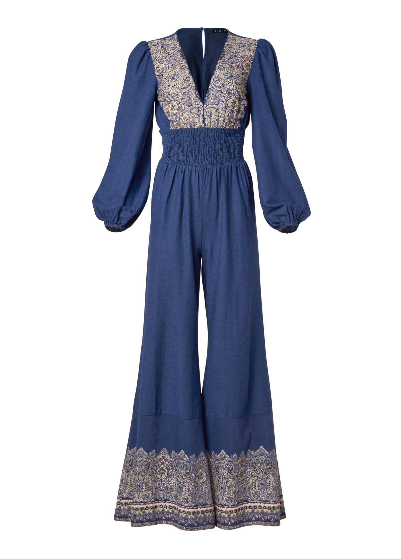 Printed Wide Leg Jumpsuit - Blue Multi Product Image