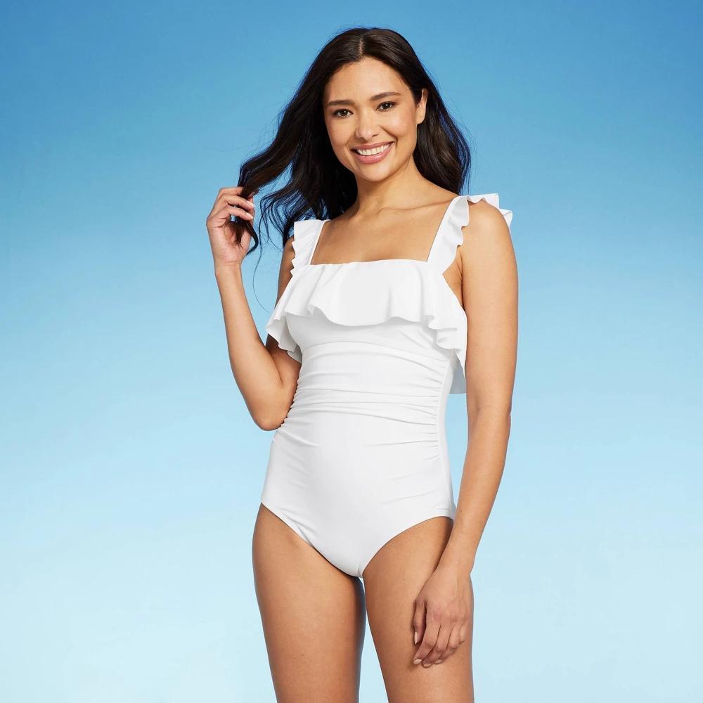 Womens Ruffle Full Coverage One Piece Swimsuit - Kona Sol White XL Product Image