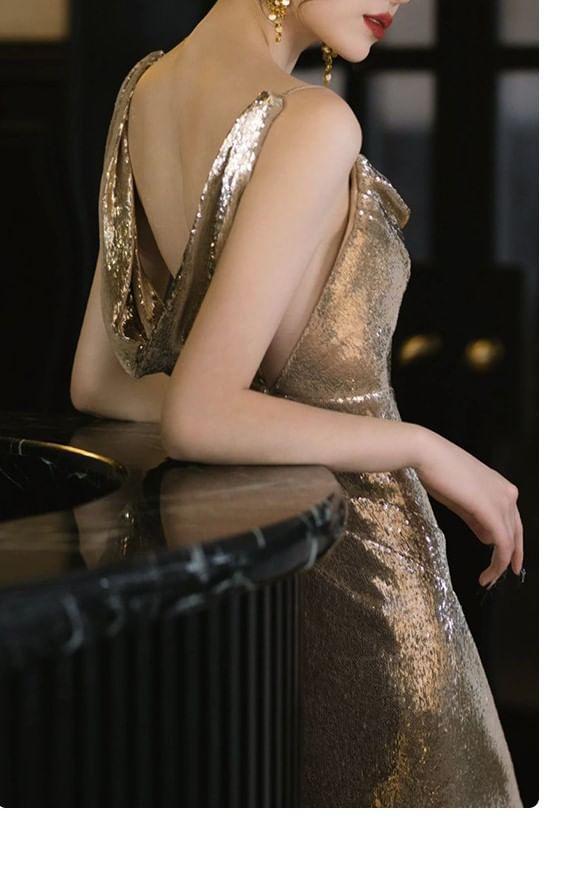 Sleeveless Cowl Neck Sequin Sheath Evening Gown Product Image