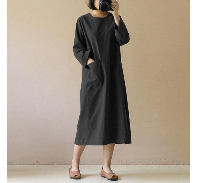 Long-Sleeve Crew Neck Plain Midi A-Line Dress Product Image