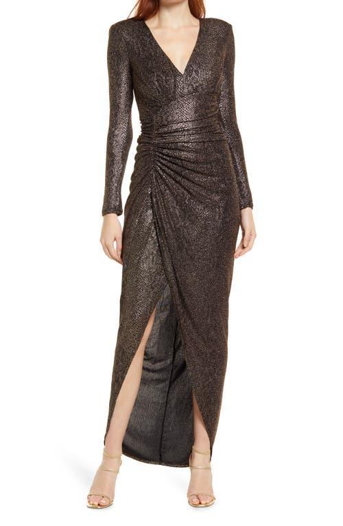 Vince Camuto Metallic Snake Print Long Sleeve V-Neck Gown Product Image