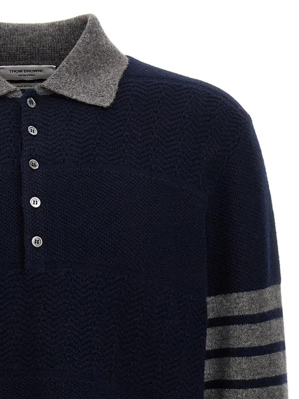 THOM BROWNE 4-bar Striped Virgin Wool Polo Sweater In Blue Product Image