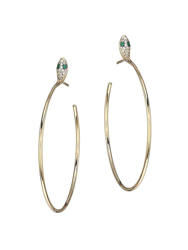 Womens 14K Yellow Gold, Diamond & Emerald Snake Hoop Earrings Product Image