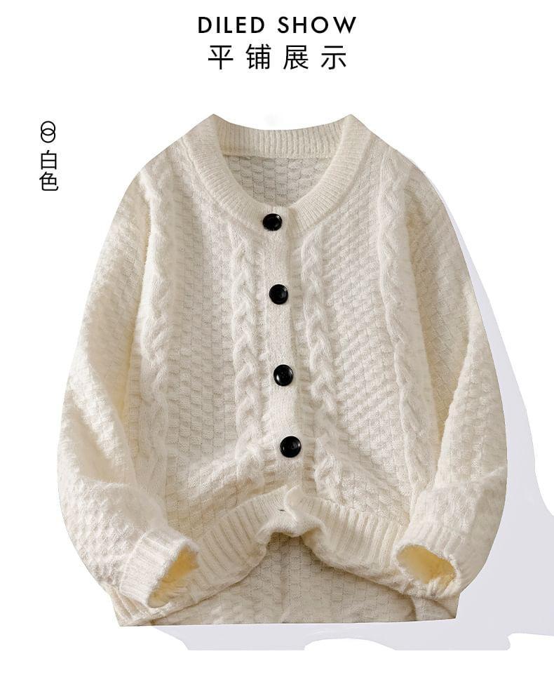 Crew Neck Plain Cable Knit Button-Up Cardigan Product Image