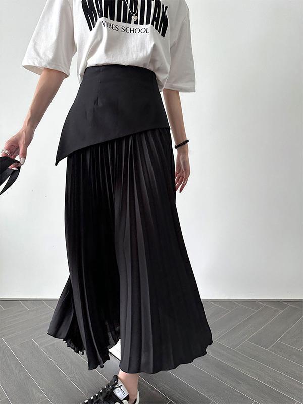 A-Line Loose Contrast Color Pleated Split-Joint Skirts Bottoms Product Image