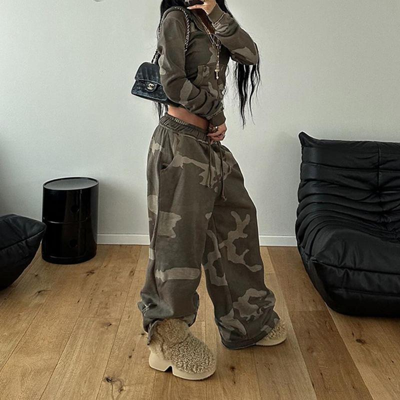 Drawstring Waist Camo Print Wide Leg Pants / Zip Hoodie Product Image