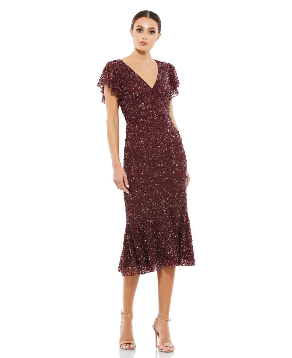 Womens Sequined V Neck Flutter Cap Sleeve Trumpet Dress Product Image