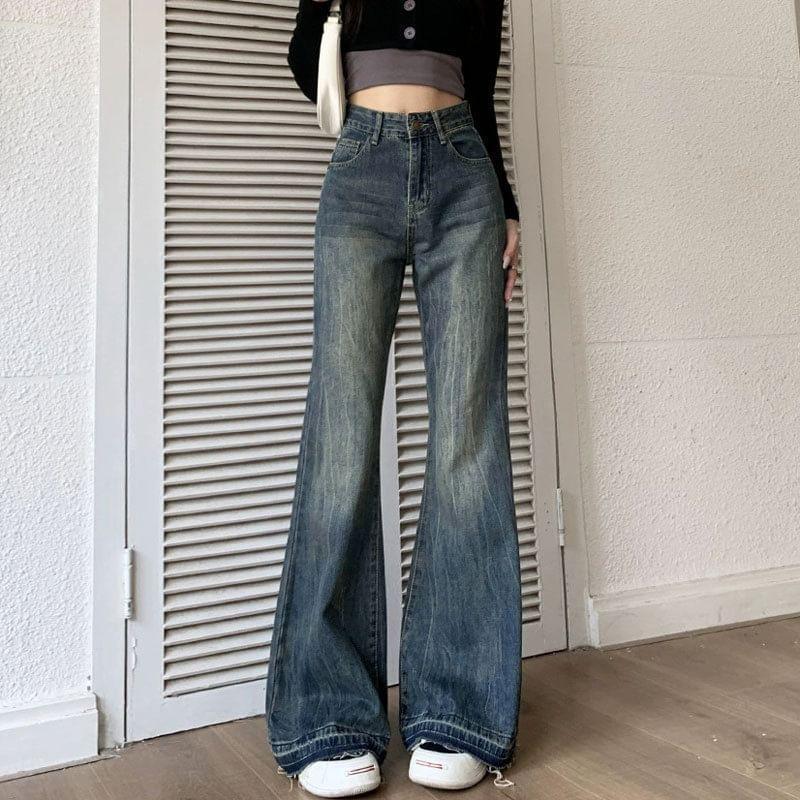 High Waist Washed Straight-Fit Boot-Cut Jeans Product Image