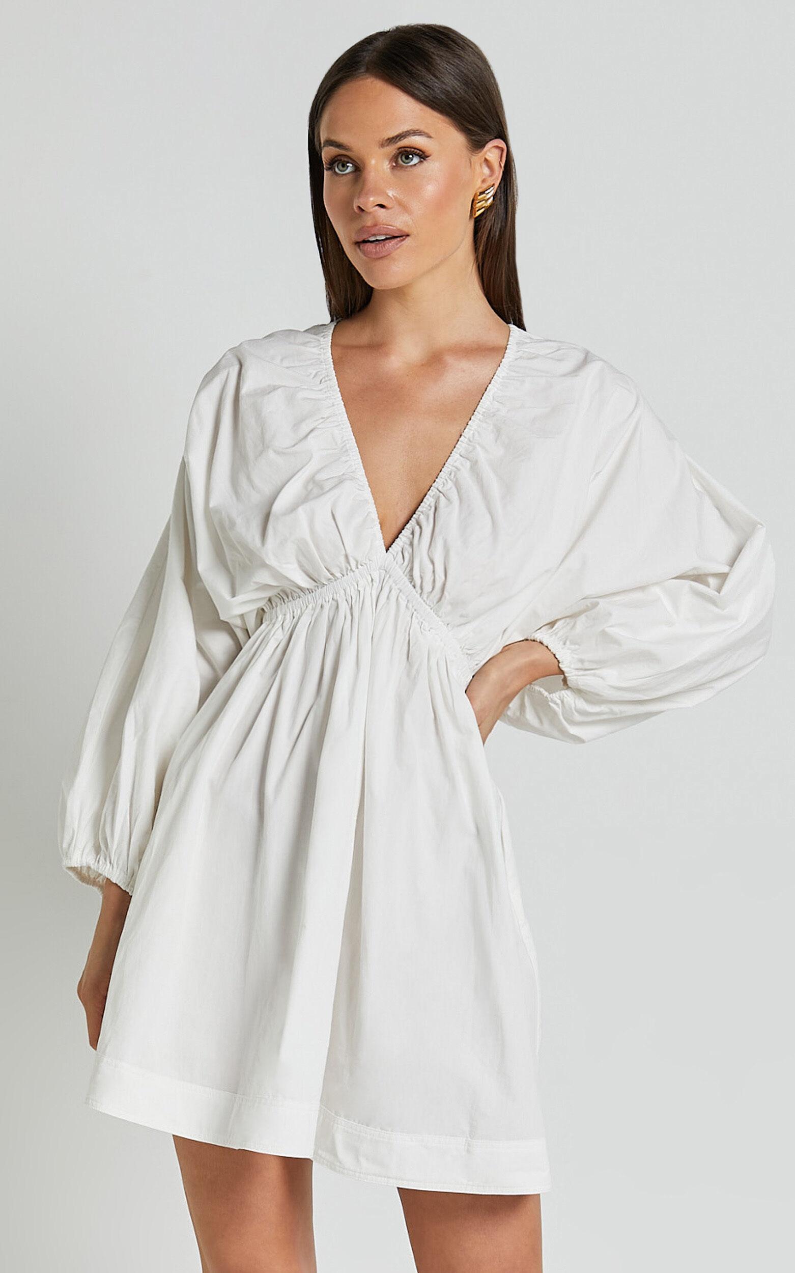 Josette Mini Dress - Plunge Neck Balloon Sleeve Smock Dress in Off White Product Image