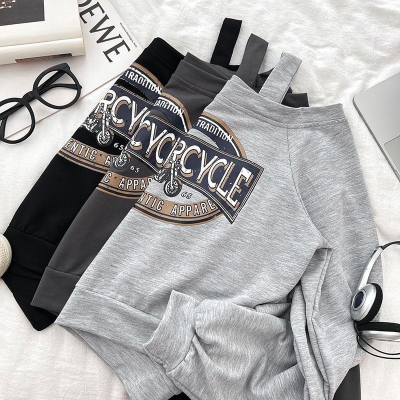 Set: Off Shoulder Lettering Print Crop Sweatshirt + Mini Pleated Skirt Product Image