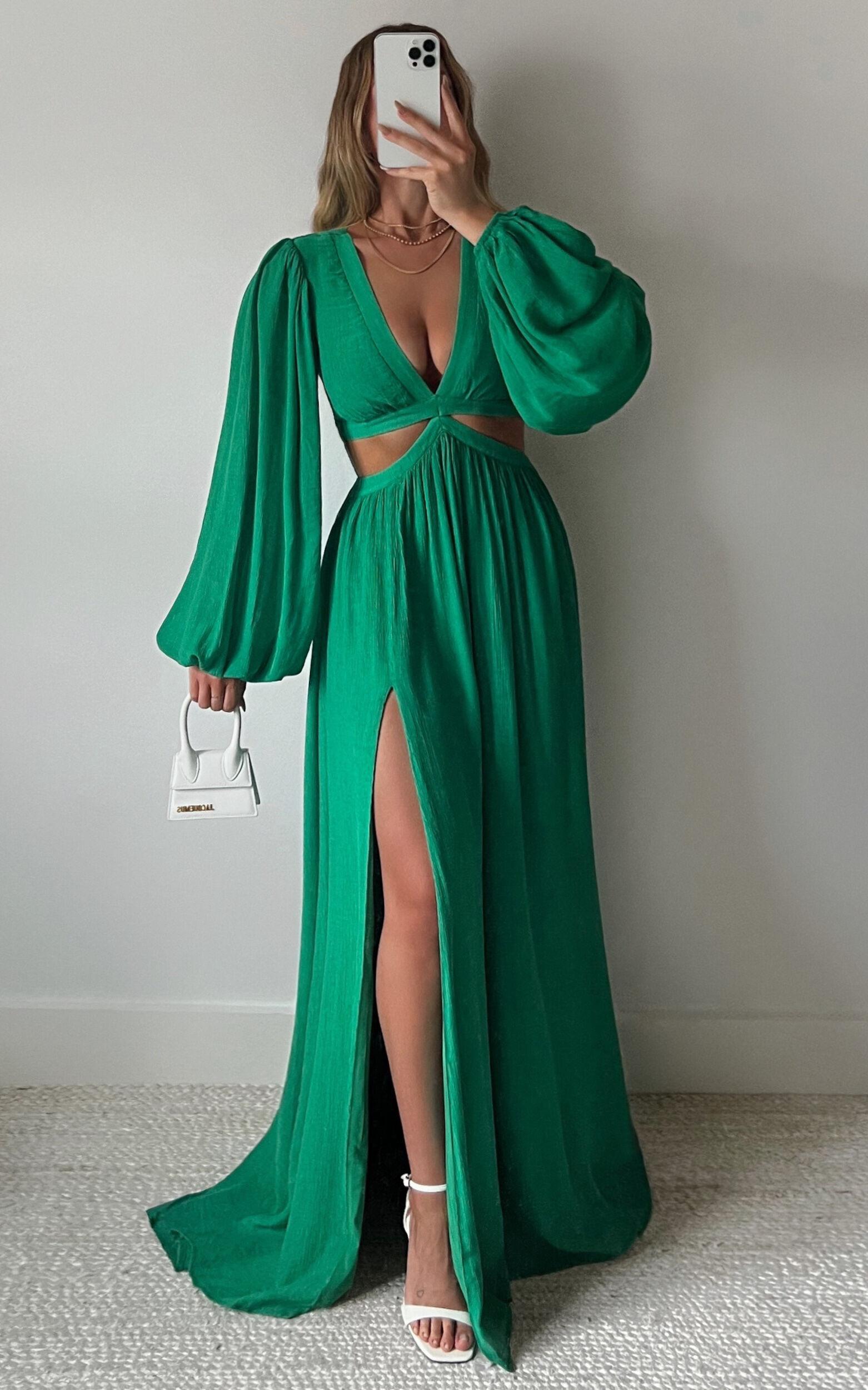 Paige Maxi Dress - Side Cut Out Balloon Sleeve Dress in Green Product Image