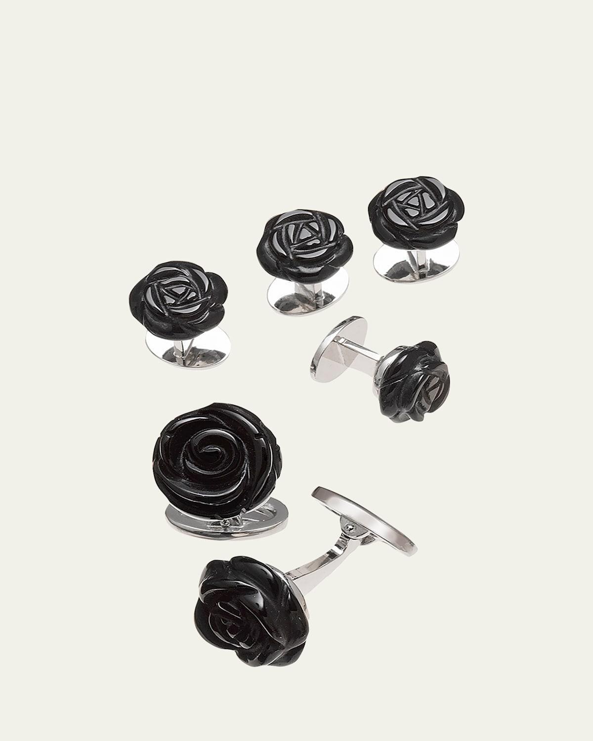 Mens 6-Piece Carved Rose Black Onyx & Sterling Silver Stud & Cufflink Set Product Image