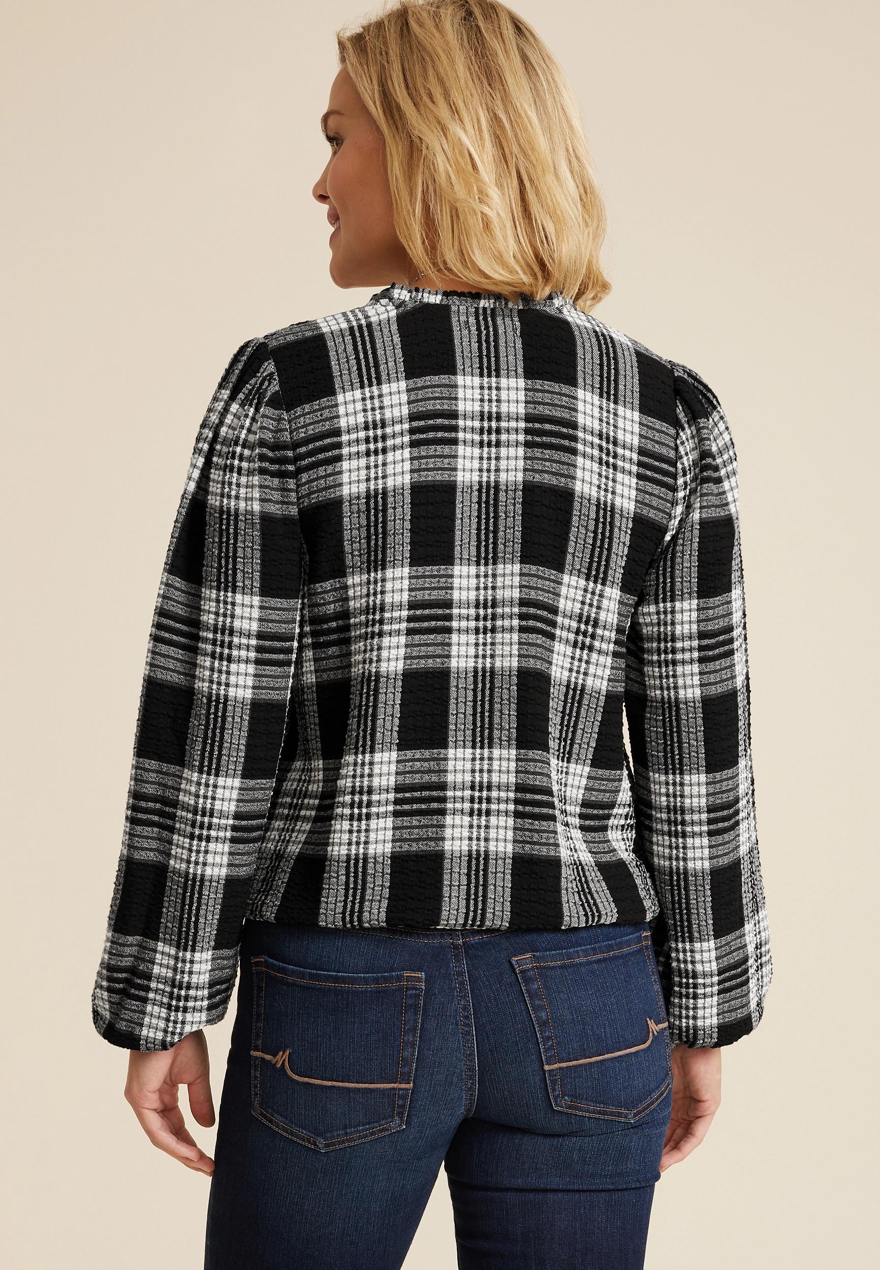 Plaid Bubble Hem Long Sleeve Blouse Product Image