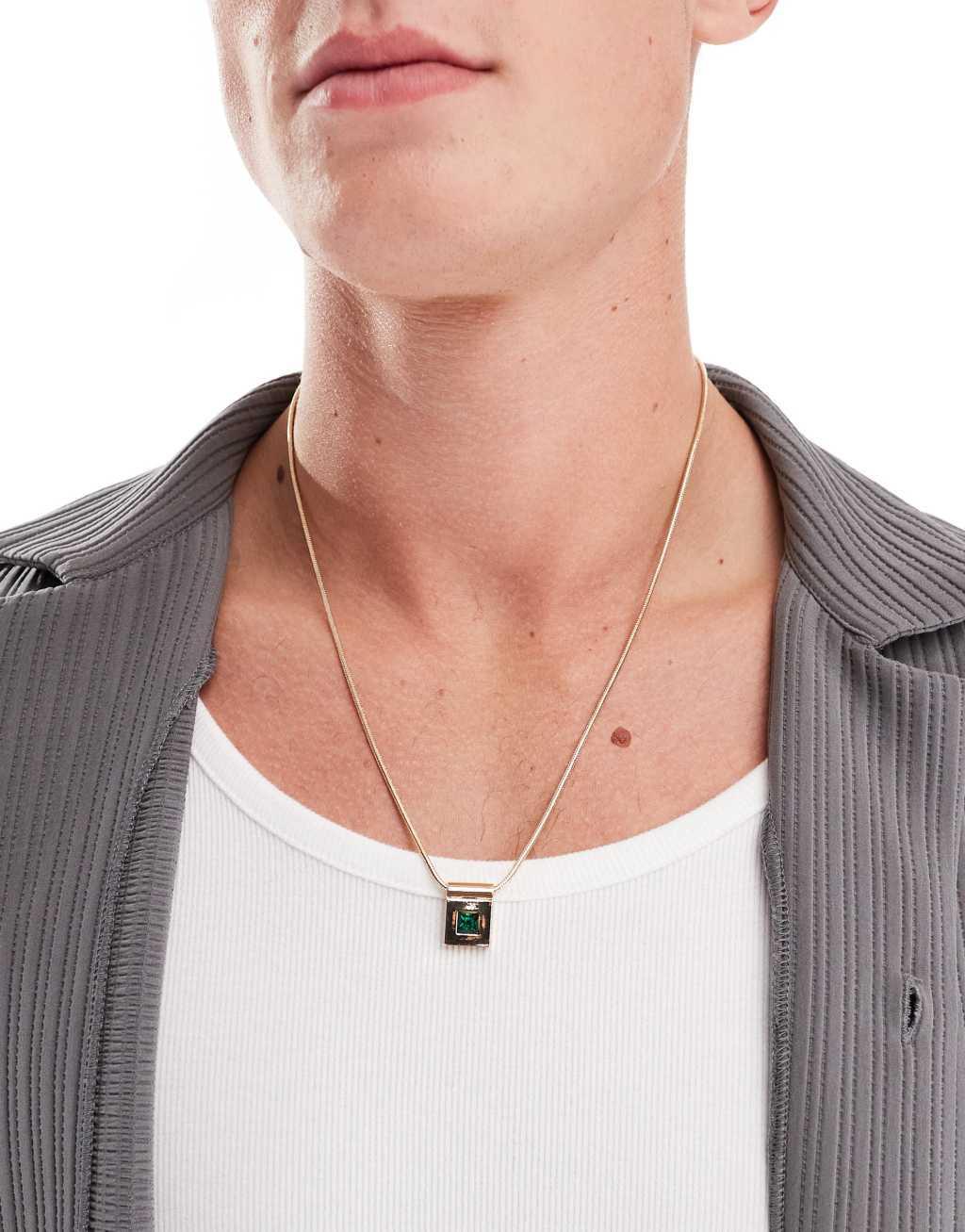 ASOS DESIGN necklace with square pendant with faux emerald crystal in gold tone Product Image