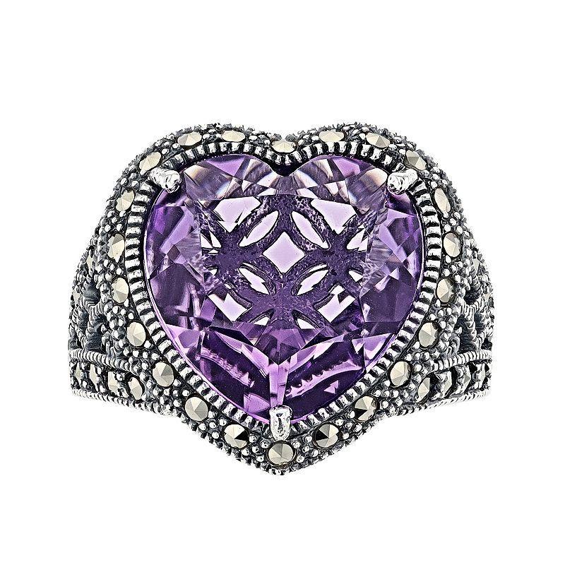 Lavish by TJM Sterling Silver Lab-Created Amethyst & Marcasite Heart Ring, Womens Product Image