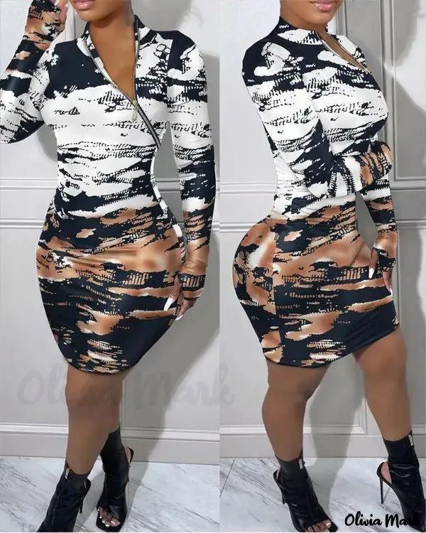 Olivia Mark – Long sleeve bodycon dress with zipper and tie-dye print Product Image