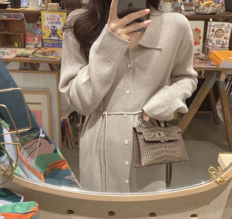 Long-Sleeve Collar Button Sashed Midi Sweater Dress Product Image